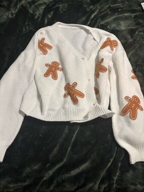SHEIN White V-Neck cardigan  with Gingerbread Patch Details